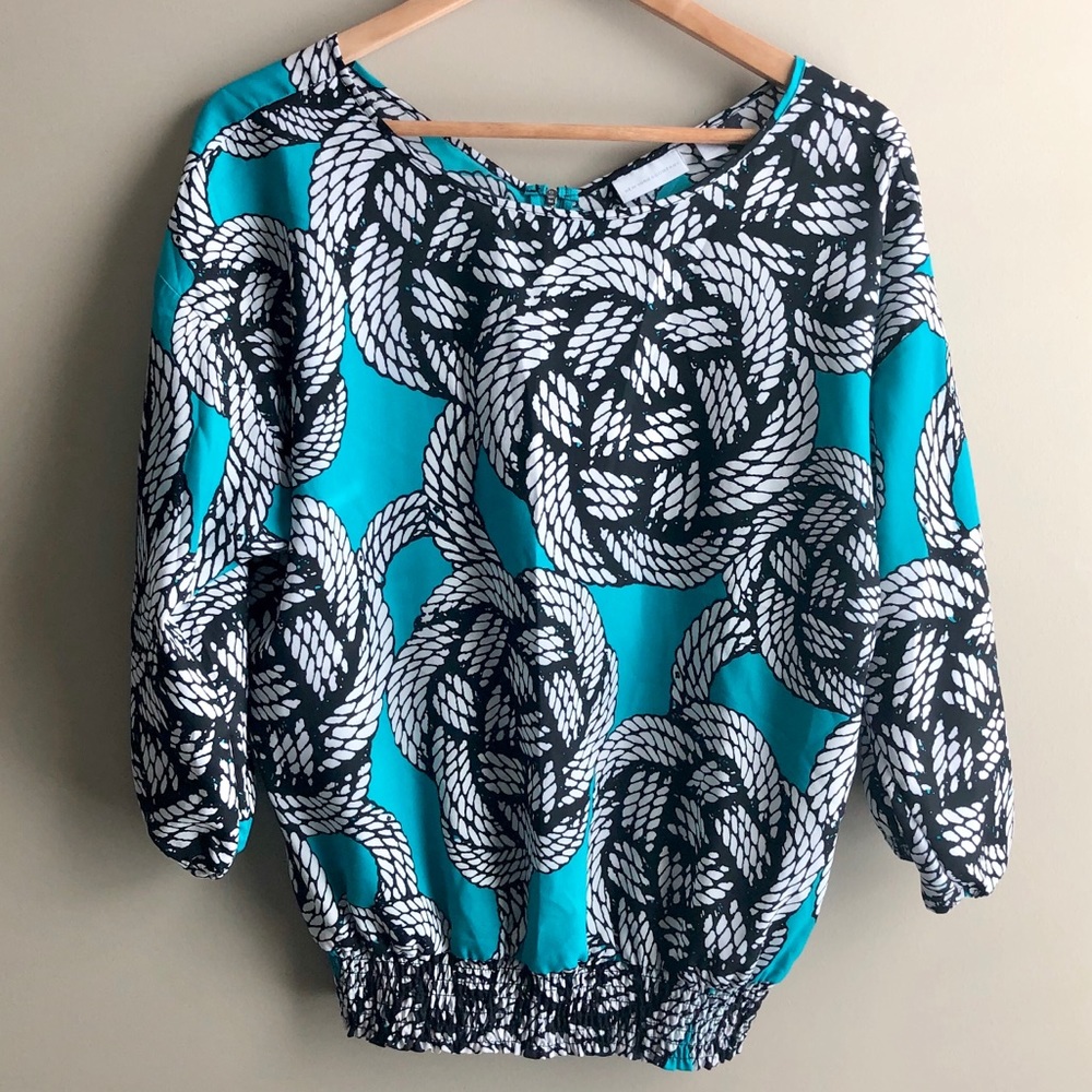 NY&Co Knot Print Gathered Hem Blouse